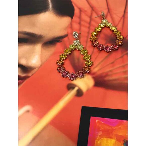 Multi-Color Flower Crystal Pierced Dangle Teardrop Earrings - Picture 1 of 2